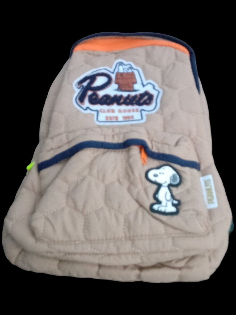 Peanuts Tan Quilted Dog Vest with Orange and Navy Trim